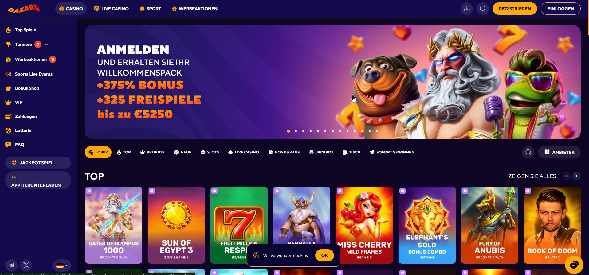 Dunkle Dazard-Casino-Oberfläche mit lila Willkommensbonus-Banner, Spielfeldern und linker Navigation