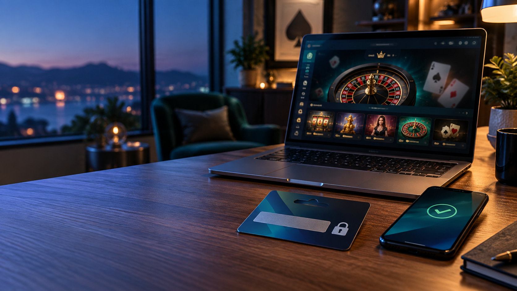 Flexepin-Gutschein mit Smartphone und Laptop auf einem Schreibtisch vor einer Online-Casino-Oberfläche