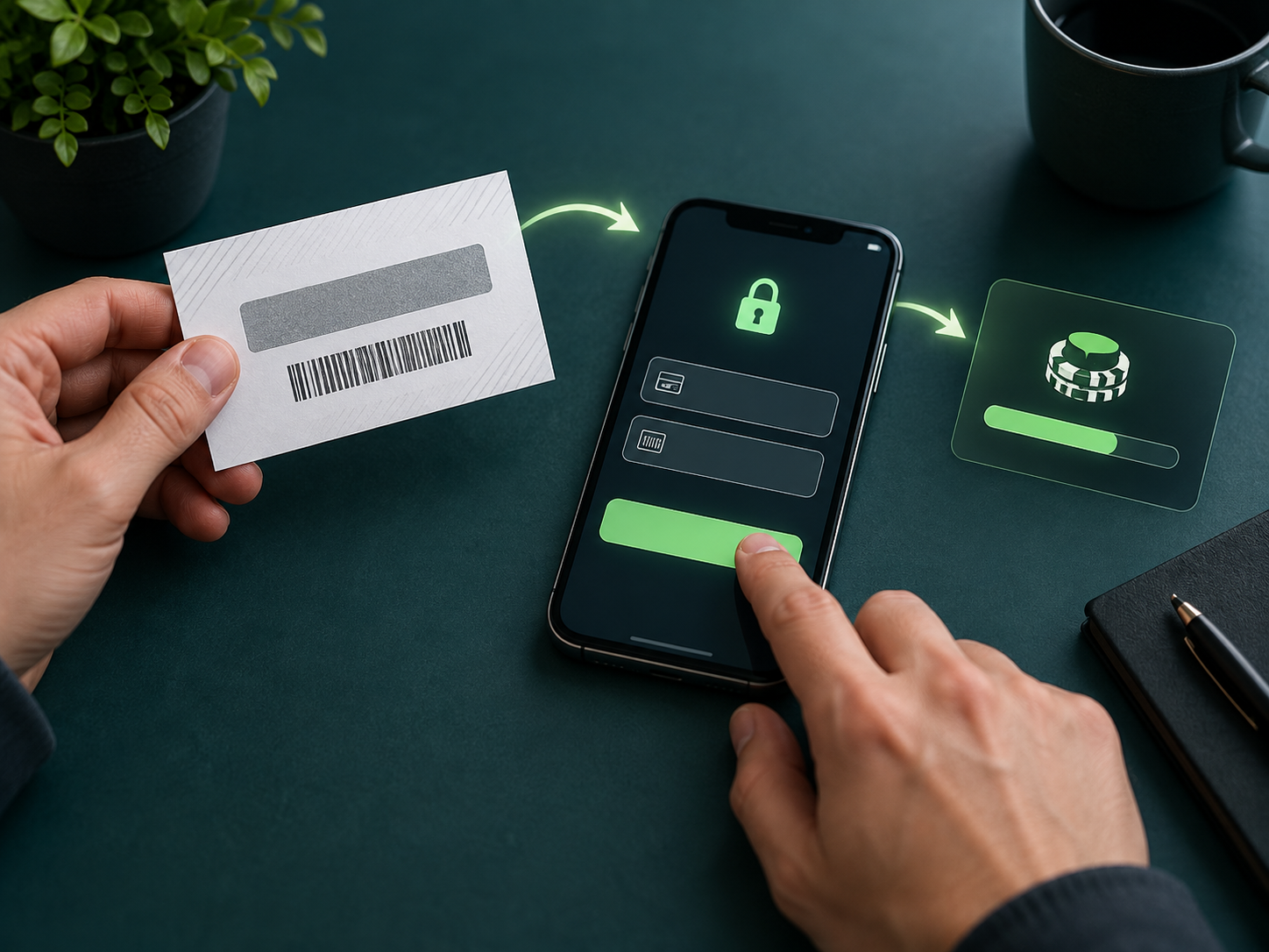 1. Hand hält einen Prepaid-Gutschein neben einem Smartphone mit sicherer Einzahlung und Online-Casino-Symbol