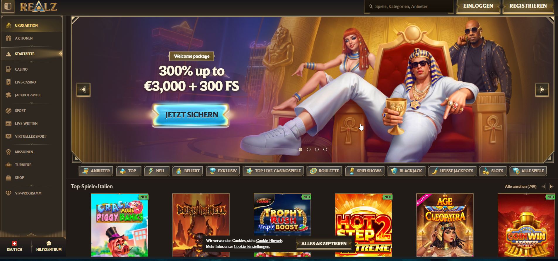 Realz-Casino-Oberfläche mit dunklem Layout, großem Bonusbanner, animierten Figuren und einer Auswahl an Spielautomaten