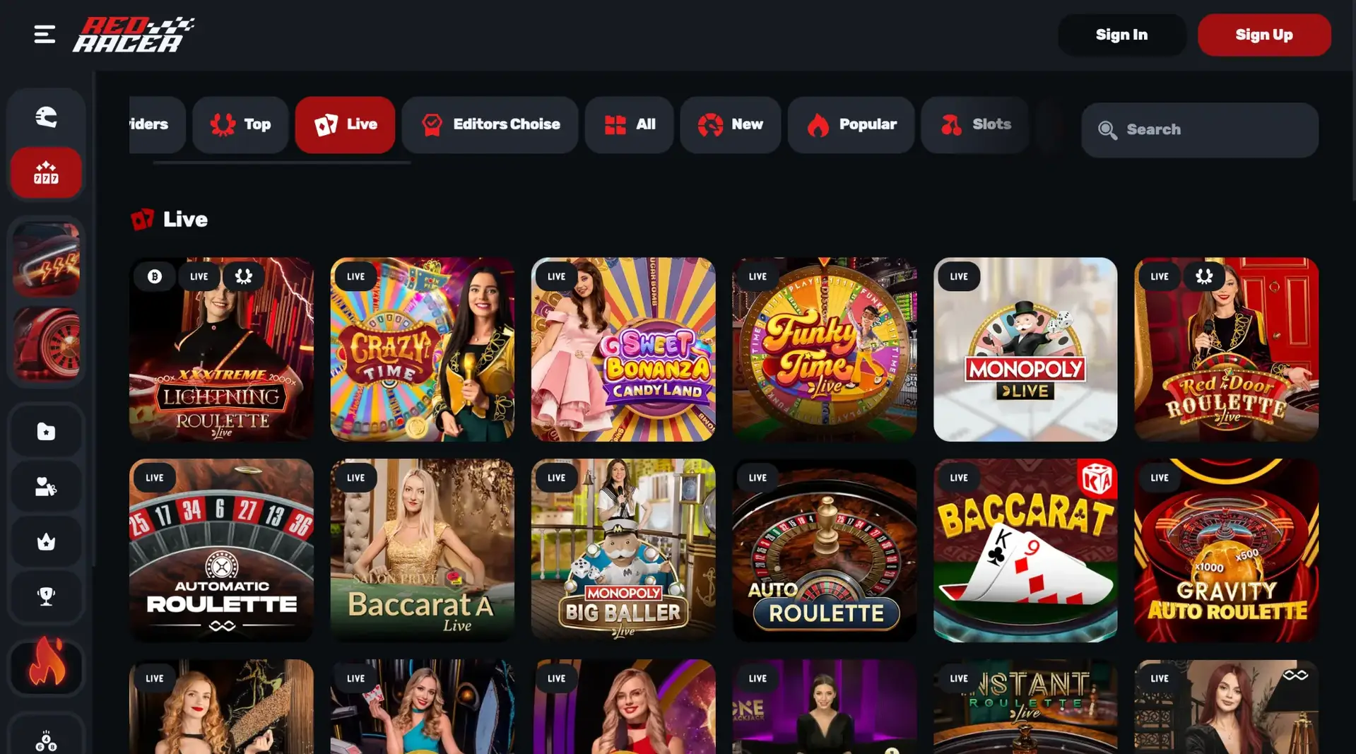 Redracer-Live-Casino-Oberfläche mit dunklem Menü und Kacheln für Roulette, Baccarat und weitere Live-Tischspiele