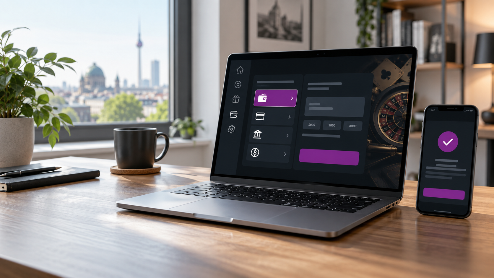 Laptop mit KYC-Prüfung und bestätigtem Auszahlungsprozess nach einer Skrill-Einzahlung neben Smartphone und neutralen Dokumentvorlagen