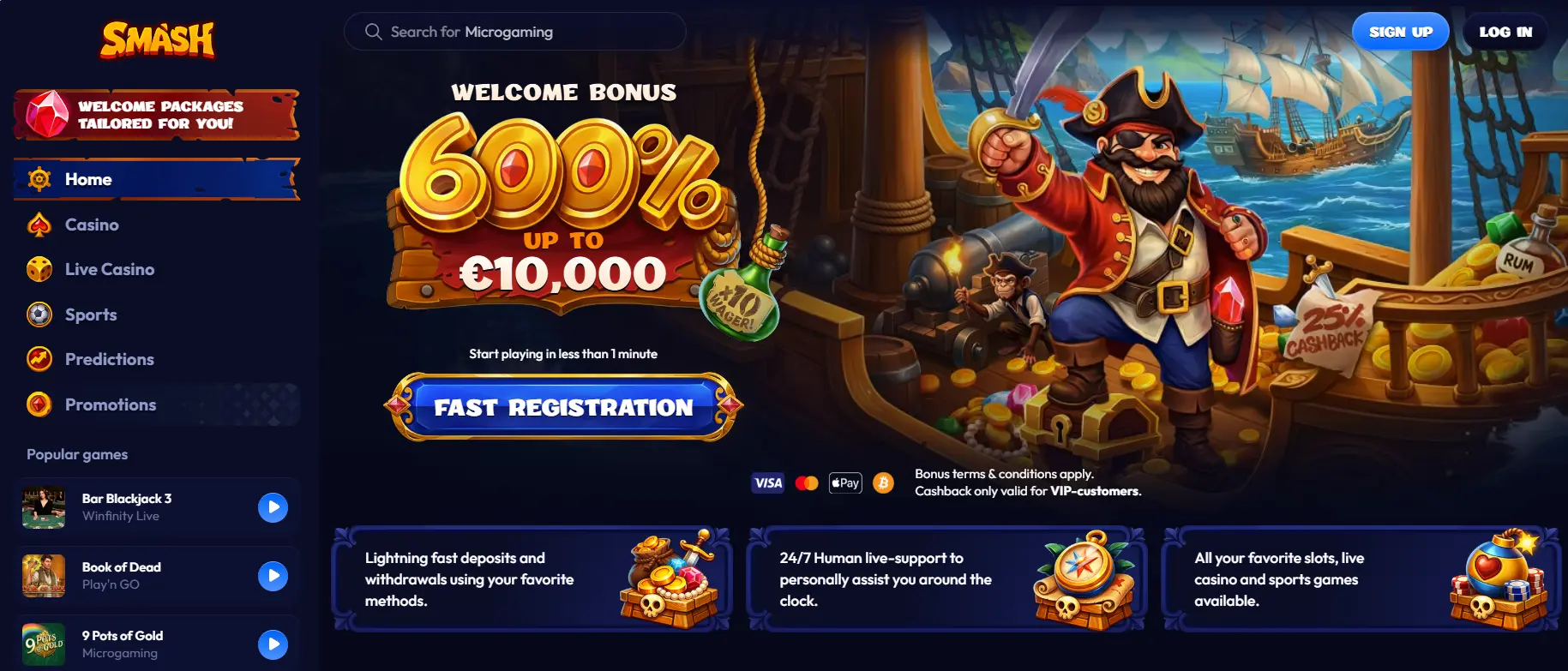 Smashcasino-Webseite mit Piratenmotiv, großem Willkommensbonus und Navigation für Casino, Live-Casino, Sport und Vorhersagemärkte