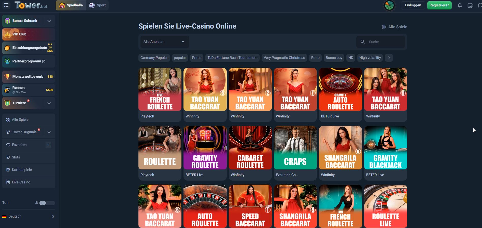 TowerCasino-Oberfläche mit dunklem Live-Casino-Menü und Kacheln für Baccarat, Roulette, Blackjack und weitere Tischspiele