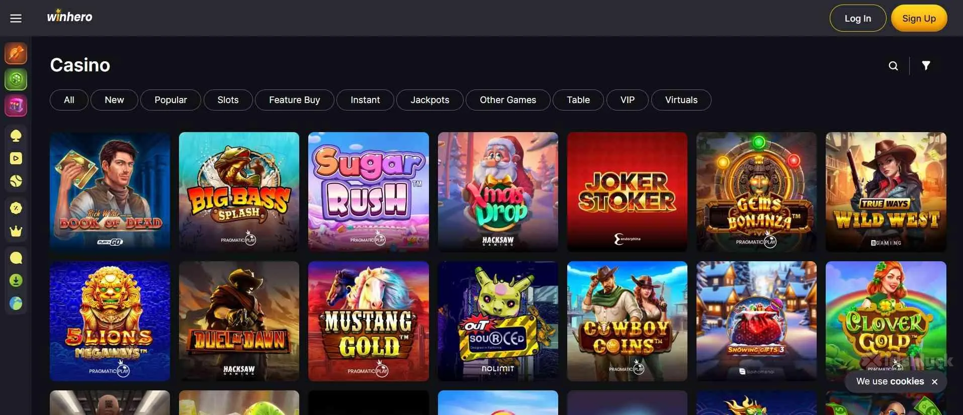 Dunkle Winhero-Casino-Oberfläche mit Kategorienleiste und einem Raster farbiger Spielautomaten