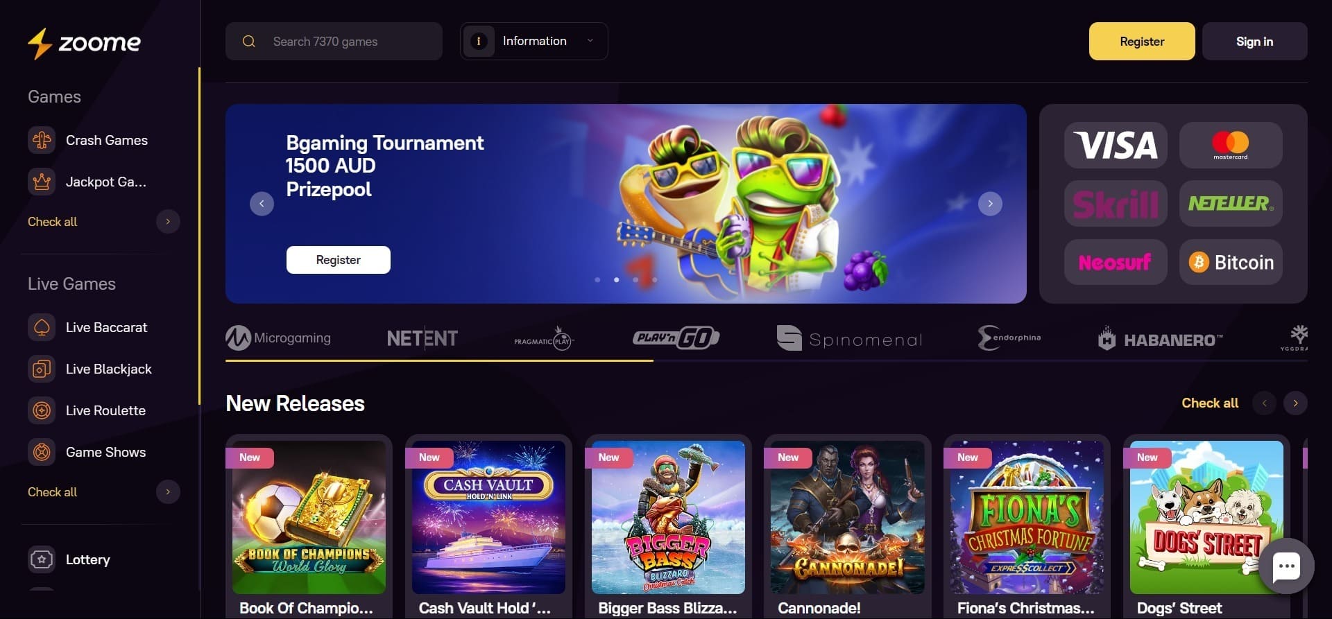 Zoome-Casino-Oberfläche mit lila-goldenem Turnierbanner, Zahlungslogos und einem Raster neuer Spiele